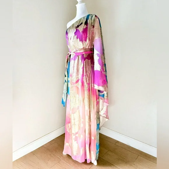 Halston Nisa Gown Printed Fil Coupe Fuschia Turquoise Gold One-Shoulder Dress 4 - Picture 4 of 16